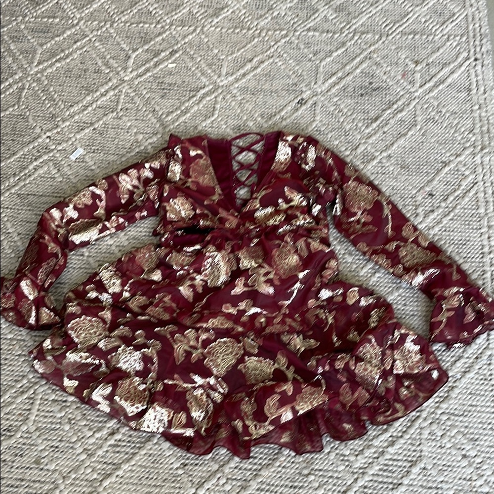 Floral Lace-Up Burgundy Dress